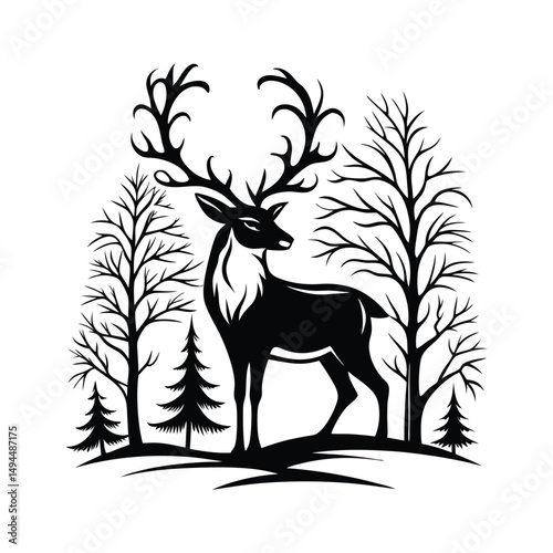 Wallpaper Mural Deer Silhouette in Forest, Wildlife Graphic, Antlers, Black and White, Nature, Animal Torontodigital.ca