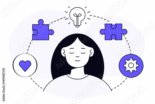 Mental health illustration set featuring a thoughtful woman character expressing emotions and wellness concepts