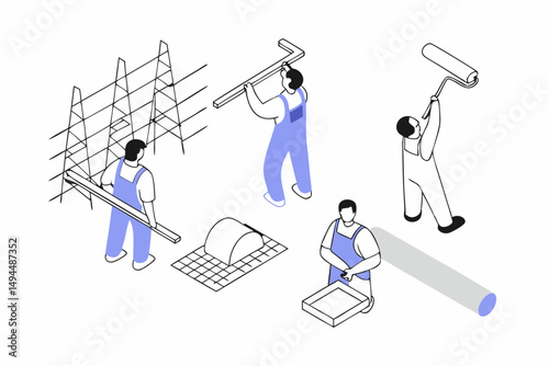 Skilled laborers in blue uniforms holding tools demonstrating teamwork and dedication on a construction site