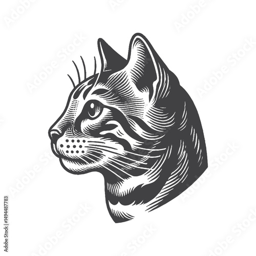 Vintage Hand-Drawn Bengal Cat Head Side Portrait Illustration – Feline Pet Engraved Style Vector for T-Shirts, Posters, Stickers, and Animal Lovers Apparel