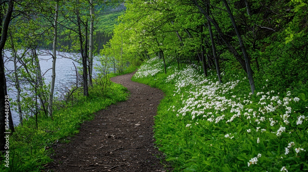 Scenic Hiking Trail Framed by Blooming Flowers and Greenery Scenic Hiking Trail Framed by Blooming Flowers and Greenery