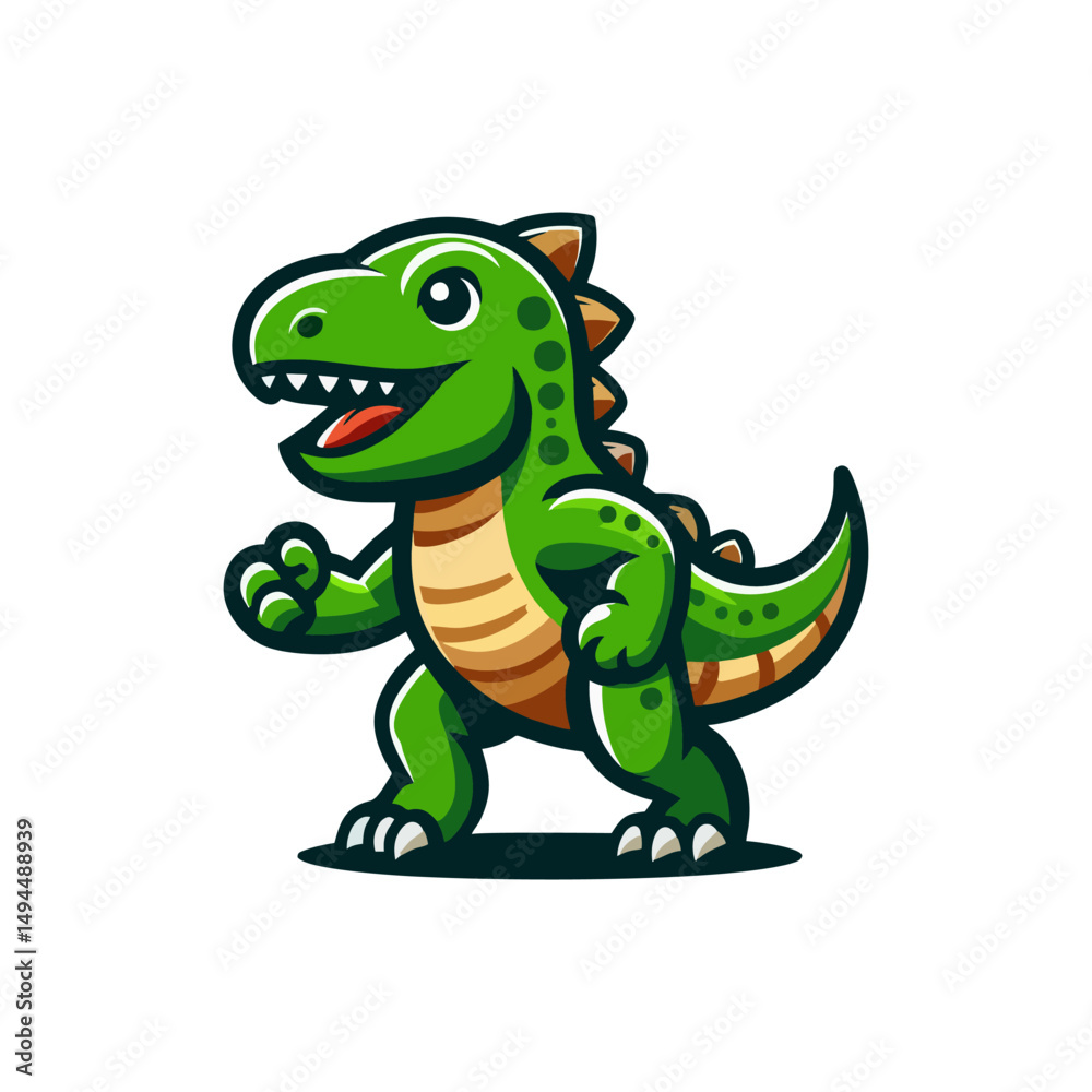 Obraz premium Cute cartoon green dinosaur character walking with a happy expression, prehistoric creature illustration