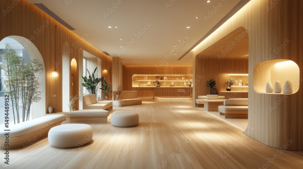 Fototapeta premium Minimalist medical clinic interior featuring light wood textures, soft pastel furnishings, and a tranquil, hotel-style layout