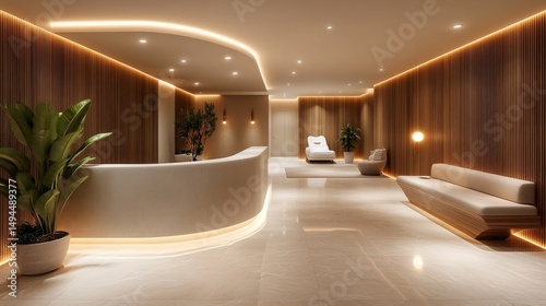 Modern clinic interior with soft neutral tones, warm wood paneling, and ambient lighting resembling a luxury hotel lobby