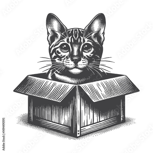 Vintage Hand-Drawn Bengal Cat in a Box Illustration – Feline Pet Engraved Style Vector for T-Shirts, Posters, Stickers, and Animal Lovers Apparel