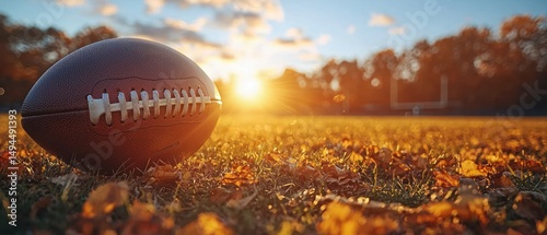 Autumnal sunset illuminates a football resting on a field covered in fallen leaves