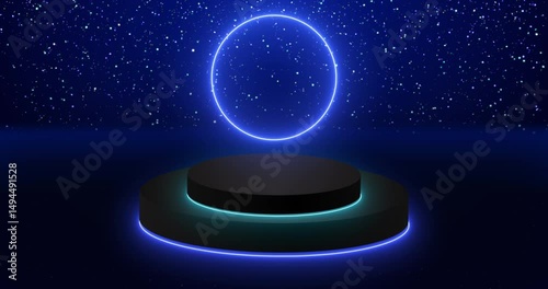 Minimalist podium with twinkling particles in 4K.Suitable for product showcase, presentation, and promotion. Shiny Green and Blue Light Stage BG with Black Cylinder Podium.Empty display podium.