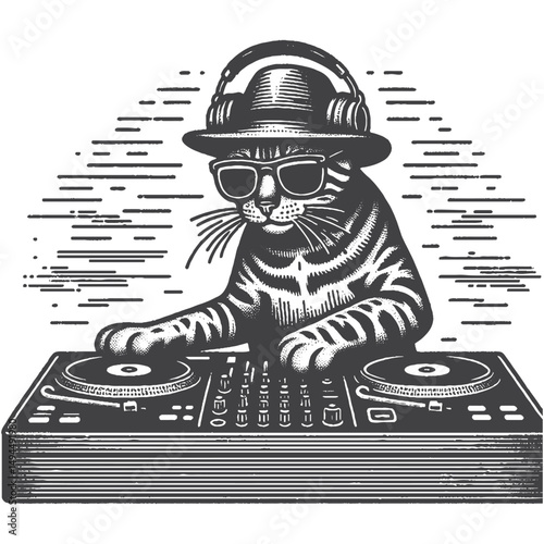 ChatGPT said:Vintage Hand-Drawn Bengal Cat DJ-ing Illustration – Feline Pet Engraved Style Vector for T-Shirts, Posters, Stickers, and Music Themes Apparel