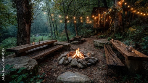 Cozy forest campsite with fire pit and wooden benches in tranquil woodland setting