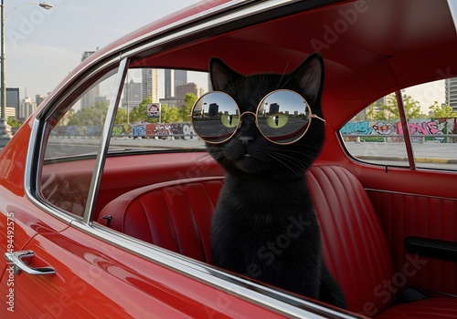 Cool Cat in Red Car on right angle photo