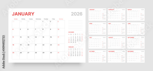 Monthly calendar layout for 2026 year. Diary planner for 2026 year. Week Starts on Sunday. Calendar Set for 2026 year.