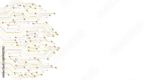 A golden background with golden circuit board lines, golden dots and yellow chips 