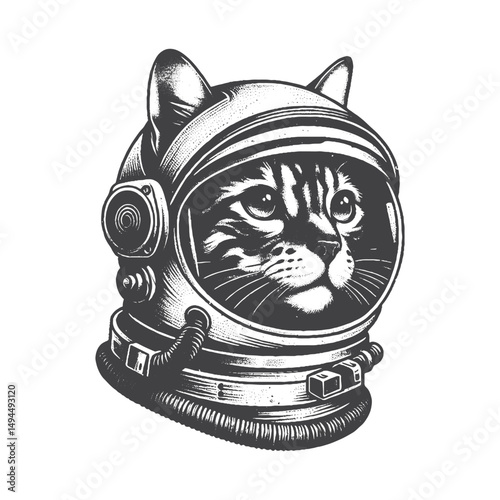 Vintage Hand-Drawn Bengal Cat with Astronaut Helmet Illustration – Feline Pet Engraved Style Vector for T-Shirts, Posters, Stickers, and Space Exploration Themes Apparel