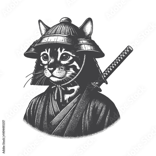 Vintage Hand-Drawn Bengal Cat as Samurai Illustration – Feline Pet Engraved Style Vector for T-Shirts, Posters, Stickers, and Martial Arts Themes Apparel