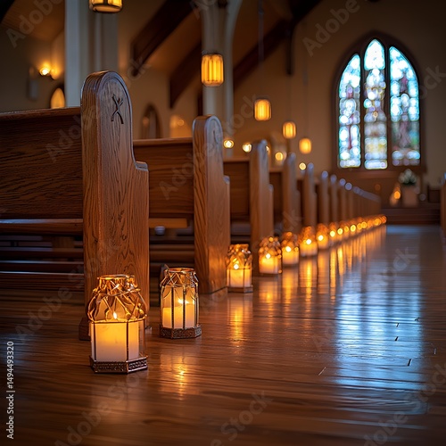 Vintage Wooden Pew in Night Background