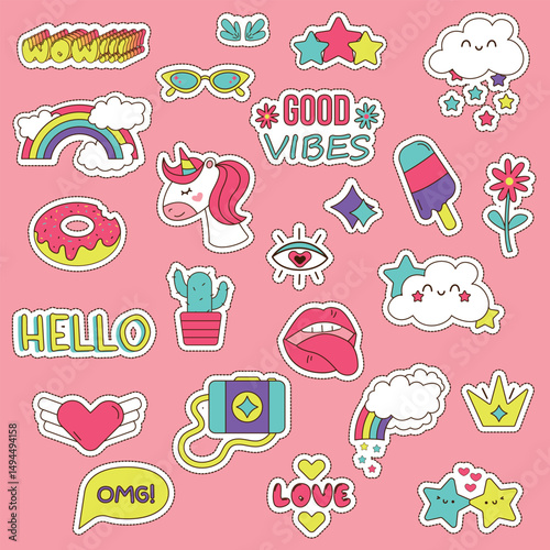 Set of different stickers with unicorn, characters, food, clouds, rainbow, stars, objects. Vector fashion cartoon elements for stickers, patches or pins.