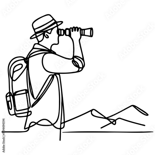 Man Hold Camping Binocular Line Art.