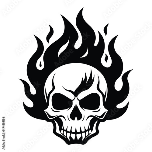 Flaming Skull Silhouette Fiery Biker Skull Emblem with High Contrast Black Design