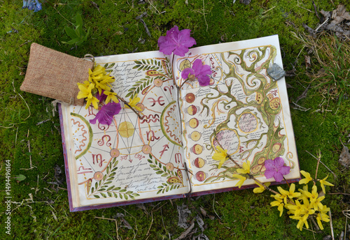 Wallpaper Mural Mystic still life with decorated old pages with fantasy and mystic symbols of witch magic spell book, with flowers on moss. Gothic and esoteric background. Only fantasy letters, no foreign language Torontodigital.ca