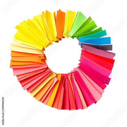 Group of small post-it flags in bright colors, fanned out in a curved shape, with no background.