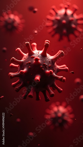 Helical virus with star-like spikes glows red, floating amidst blurred pathogens in a microscopic crimson void.