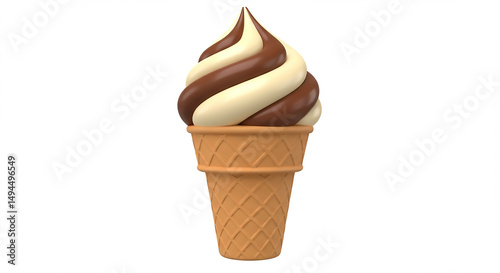 A vanilla and chocolate swirl ice cream cone isolated on a white background in a studio shot