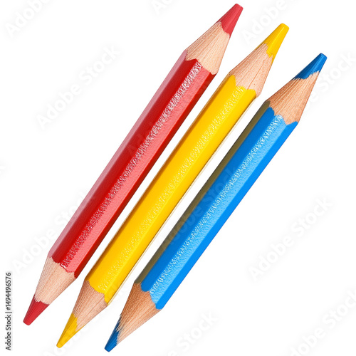 Set of three colored pencils (red, blue, yellow), arranged in a fan shape, with no background.