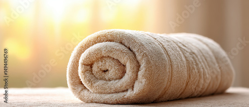 Soft beige towel rolled for spa relaxation and massage therapy, perfect for osteopathy and rehabilitation treatments in calm setting