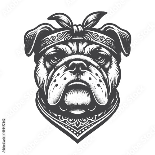 Vintage Hand-Drawn Bulldog Head with Bandana and Smirk Illustration – Canine Dog Engraved Style Vector for T-Shirts, Posters, Stickers, and Cool Pet Themes Apparel