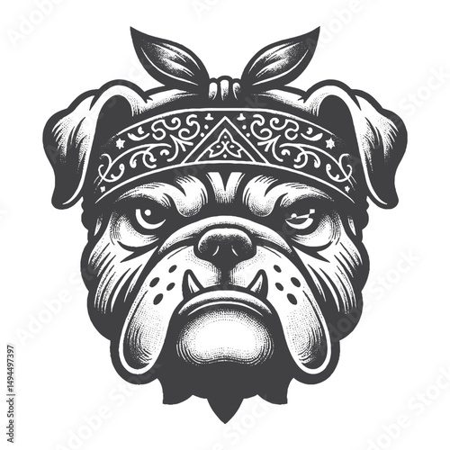 Vintage Hand-Drawn Bulldog Head with Bandana and Smirk Illustration – Canine Dog Engraved Style Vector for T-Shirts, Posters, Stickers, and Cool Pet Themes Apparel