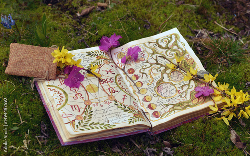Mystic still life with decorated old pages with fantasy and mystic symbols of witch magic spell book, with flowers on moss. Gothic and esoteric background. Only fantasy letters, no foreign language