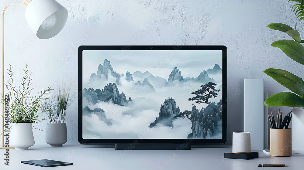 Fototapeta premium A clean and minimalist workspace featuring a monitor displaying a serene landscape with misty mountains and trees