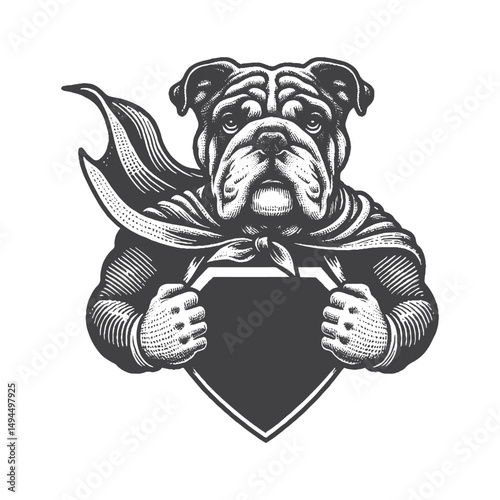 Vintage Hand-Drawn Bulldog in Superhero Cape Illustration – Canine Dog Engraved Style Vector for T-Shirts, Posters, Stickers, and Heroic Pet Themes Apparel