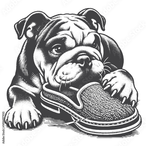Vintage Hand-Drawn Bulldog Chewing on Slipper Illustration – Canine Dog Engraved Style Vector for T-Shirts, Posters, Stickers, and Playful Pet Themes Apparel