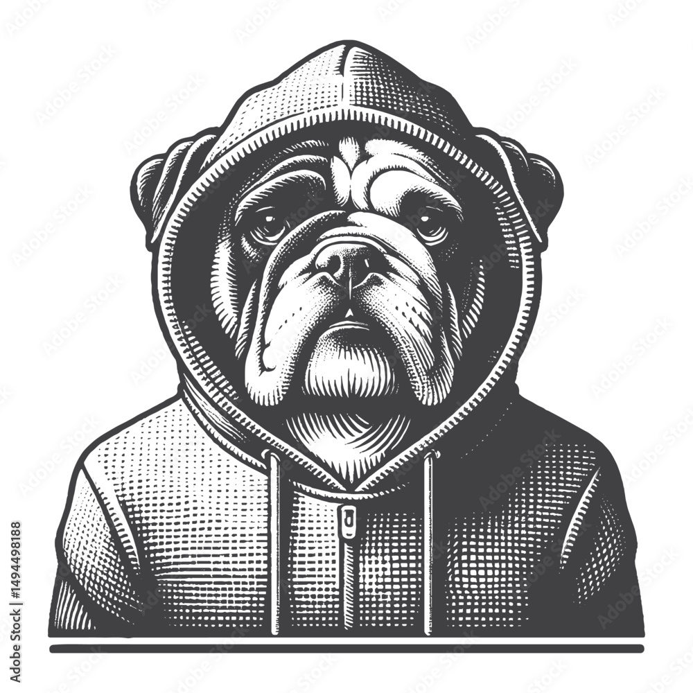 Fototapeta premium Vintage Hand-Drawn Bulldog Wearing a Hoodie Illustration – Canine Dog Engraved Style Vector for T-Shirts, Posters, Stickers, and Urban Pet Themes Apparel