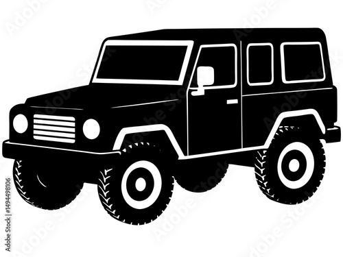 Detailed Black and White Monochrome Illustration of a Vintage Classic SUV 4x4 Off-Road Vehicle, Showcasing Rugged Design and Timeless Style in High Contrast