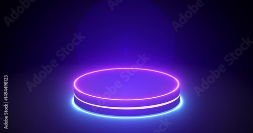 Minimalist podium with light in 4K.Suitable for product showcase, presentation, and promotion. Shiny Purple and Blue Light Stage BG with Black Cylinder Podium.Empty display podium.