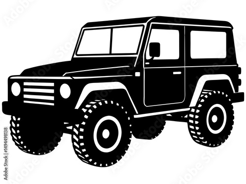 Detailed Black and White Monochrome Illustration of a Vintage Classic SUV 4x4 Off-Road Vehicle, Showcasing Rugged Design and Timeless Style in High Contrast