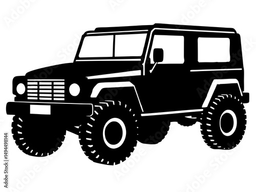 Detailed Black and White Monochrome Illustration of a Vintage Classic SUV 4x4 Off-Road Vehicle, Showcasing Rugged Design and Timeless Style in High Contrast