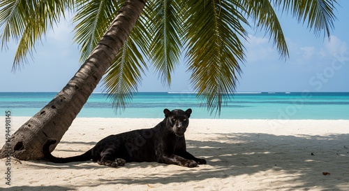 Majestic Black Panther Relaxing on a Tropical Beach Paradise