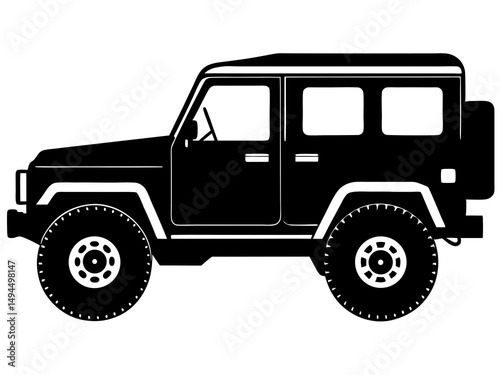 Detailed 3D Render of an Off-Road Vehicle Truck SUV in Dark Silhouette Side View, High Contrast Technical Illustration Featuring Engineering Blueprint Style, Precise and Professional Automotive Design