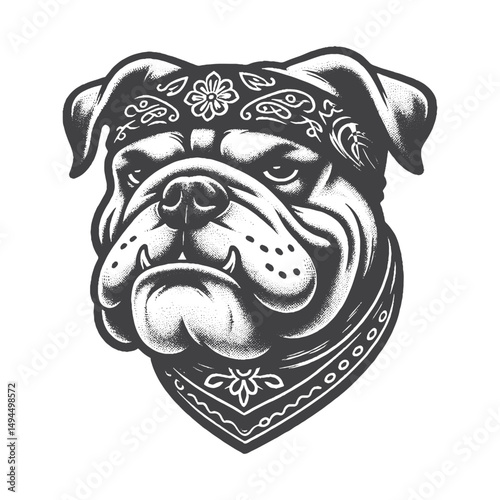 Vintage Hand-Drawn Bulldog Head with Bandana and Smirk Illustration – Canine Dog Engraved Style Vector for T-Shirts, Posters, Stickers, and Cool Pet Themes Apparel