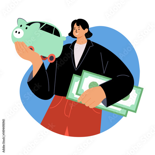 A flat style illustration showing a character having money savings