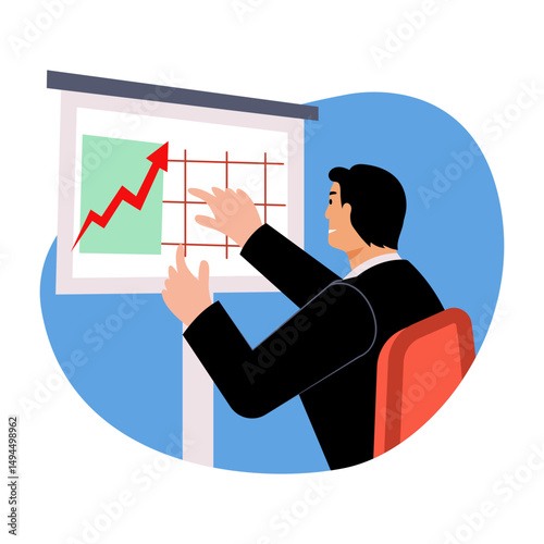A flat style illustration showing a character checking profit chart