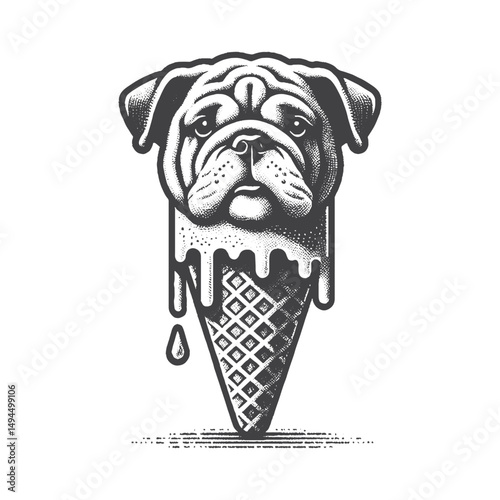 Vintage Hand-Drawn Bulldog Melting Like Ice Cream Illustration – Surreal Dog Engraved Style Vector for T-Shirts, Posters, Stickers, and Abstract Pet Themes Apparel