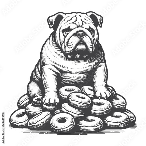 Vintage Hand-Drawn Bulldog Sitting On Pile Of Donuts Illustration – Sweet Tooth Dog Engraved Style Vector for T-Shirts, Posters, Stickers, and Dessert-Themed Apparel