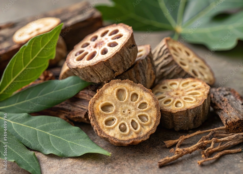 Fototapeta premium Intricate Macro Close-Up of Various Medicinal Herbs and Plants Featuring Sliced Roots, Leaves, and Stems with Natural Lighting, Detailed Textures, Earthy Tones, and Botanical Illustration Style with H