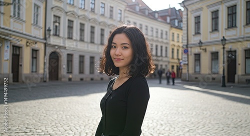 Young woman in city square