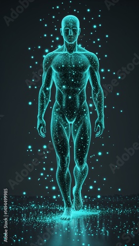 Teal glowing particles aligned carefully shaping a walking human figure with a deep charcoal background wallpaper background vertical design concept