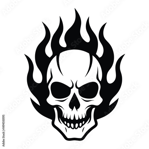 Burning Skull Silhouette, Monochrome Design, Flame Effect, Isolated on White Background